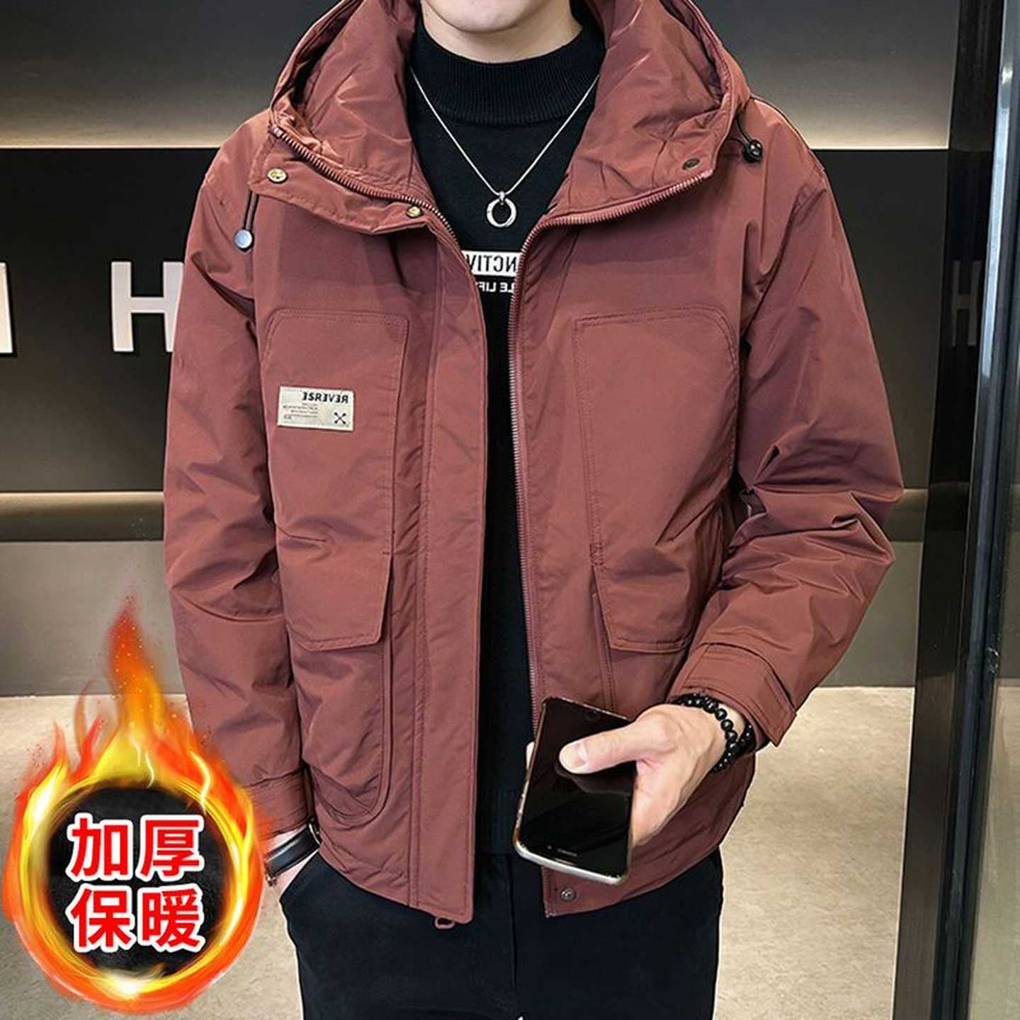 新款加厚冬季男士夹克潮流外套休闲时尚工装冲锋衣连帽棉服