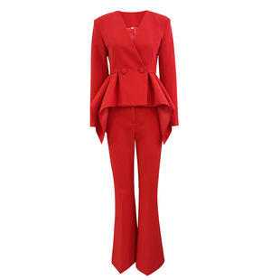 现货2026欧美设计感喜庆红色荷叶摆收腰上衣微喇长裤套装晚礼服女
