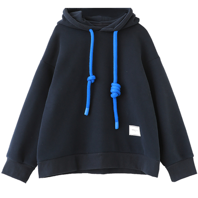 秋冬撞色粗帽绳加绒连帽卫衣女