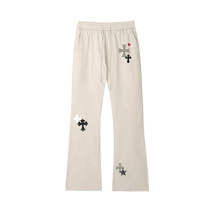 查尔斯桃心美式解构十字架印花弯刀休闲裤子男女春秋情侣微喇长裤
