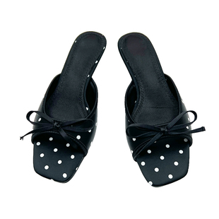 波点蝴蝶结一字拖鞋女夏季外穿大码方头粗跟中跟低跟露趾凉拖凉鞋