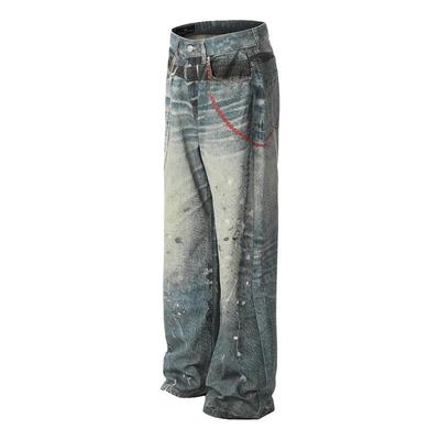 IREX 3D牛仔裤AC风格链条吊坠打印仿泼墨秋季美式街头复古休闲裤