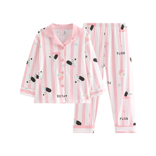 芬腾女童睡衣春秋纯棉长袖套装女孩卡通可爱条纹儿童中大童家居服