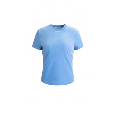 【于文文同款】LEDIM WANG白标/丝绒圆领T恤女夏蓝色修身短袖上衣