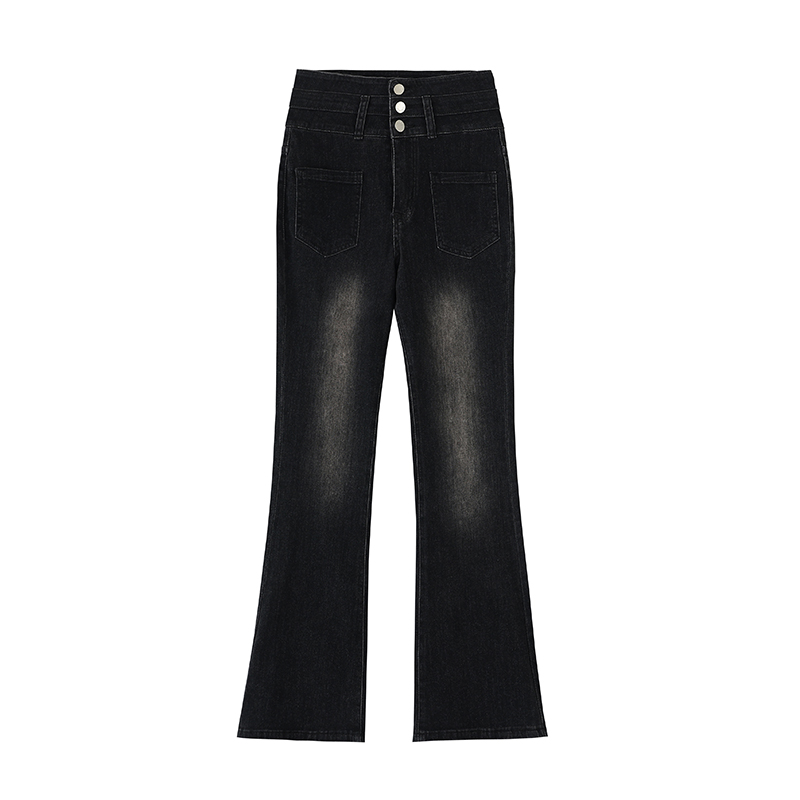 黑灰色高腰微喇牛仔裤女秋冬加绒加厚大码胖mm弹力显瘦喇叭马蹄裤