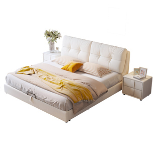 奶油风简约现代主卧双人科技布床轻奢猫抓布软包泡芙法式云朵床