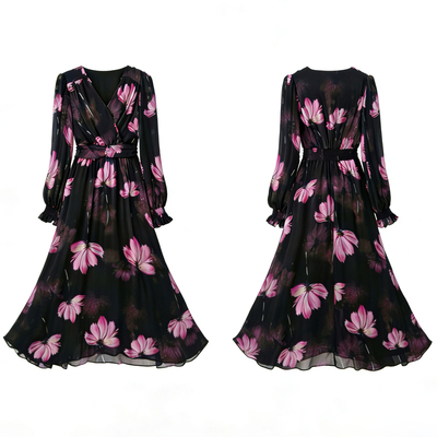 2026新款黑底紫鸢花高级感连衣裙