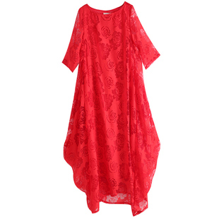 高端蕾丝连衣裙女春秋2026新款民族风高级感仙气复古宽松红色袍子