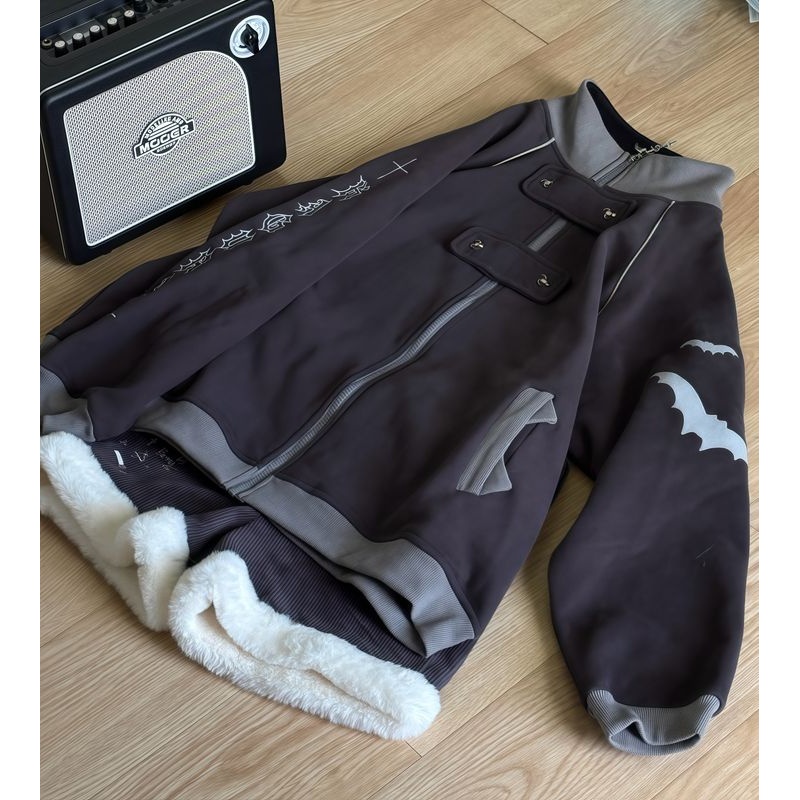 「Pp喵STUDIO」原创亚文化蝙蝠猫耳刺绣卫衣秋冬加绒重工立领外套