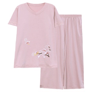 芬腾可安睡衣女款夏季棉绸2026新款短袖七分裤大码中老年妈妈套装