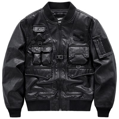 VIP假两件拼接多口袋棒球领皮衣