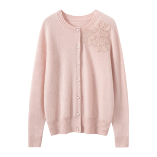 绽放花朵~巨好看秋冬新款珍珠山羊绒开衫女圆领宽松针织毛衣外套