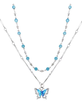 「蓝蝶之恋」蓝色蝴蝶项链女款2026新款爆款双层叠戴锁骨链配饰