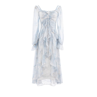 雾霭鎏蓝 气质灰蓝色晕染仙气蝴蝶烫金荷叶边长袖连衣裙