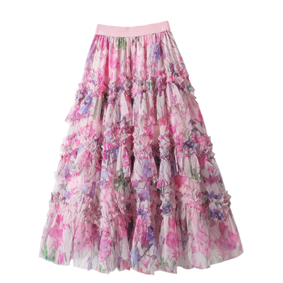 秋冬仙女不规则碎花前短后长款蛋糕裙旅游网纱蓬蓬半身沙滩裙