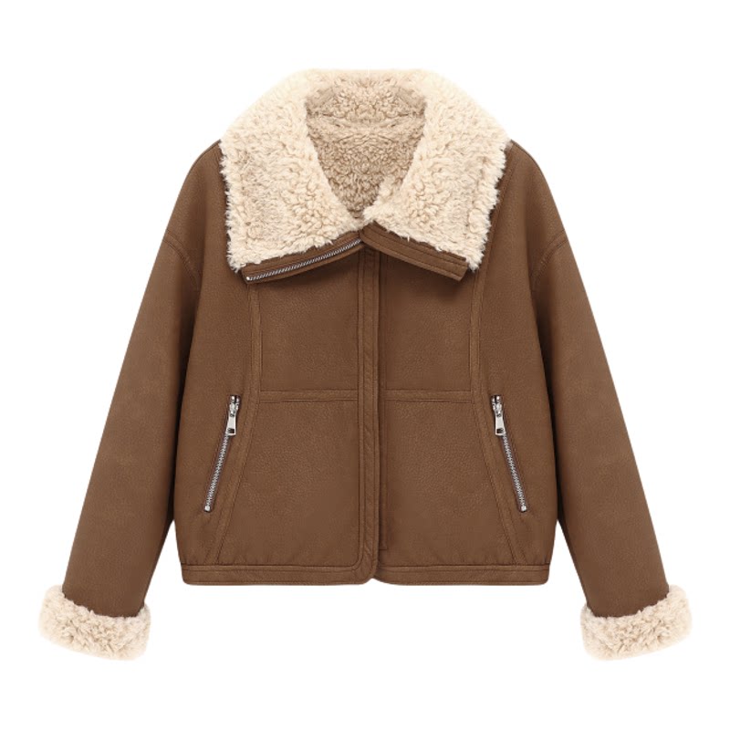 Basic House/百家好翻领拉链短款皮毛一体外套女秋冬保暖好看上衣