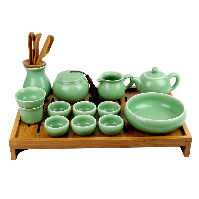 茶具套装御茗青瓷整套家用陶瓷盖碗冰裂功夫茶具茶杯竹茶盘四合一