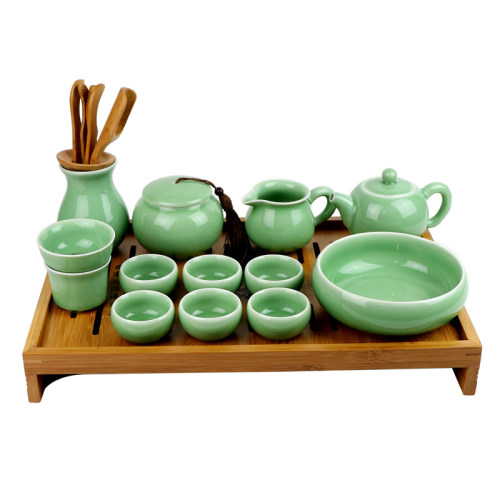 茶具套装御茗青瓷整套家用陶瓷盖碗冰裂功夫茶具茶杯竹茶盘四合一