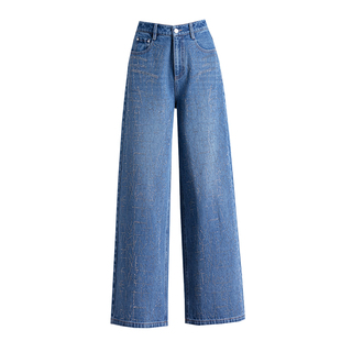 蓝色满天星手工烫钻高腰牛仔裤女2026新款春秋裤子宽松直筒阔腿裤