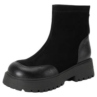 华耐厚底短靴女2025秋冬新款圆头粗跟弹力靴百搭马丁靴增高瘦瘦靴