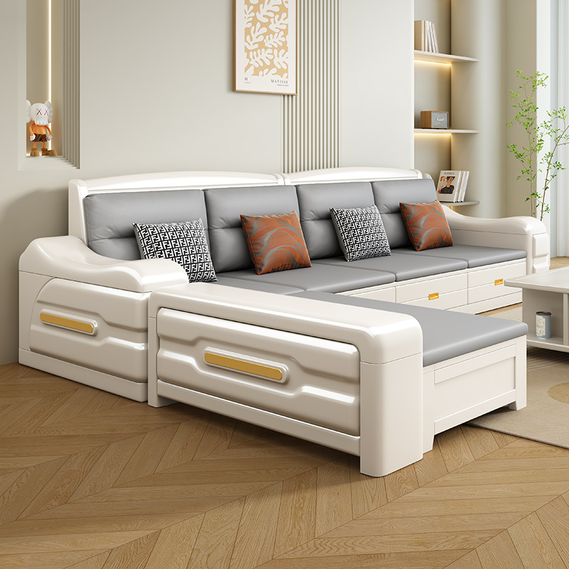 实木沙发简约现代布艺白色客厅抽屉储物沙发冬夏两用转角贵妃榻