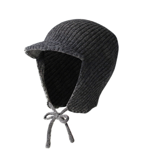 复古护耳雷锋帽纯羊毛针织飞行员帽子可翻帽檐骑车系绳防风显脸小