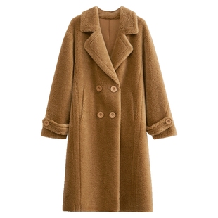 Amii2025冬新款轻奢保暖翻驳领全羊毛颗粒绒皮草女双排扣外套大衣