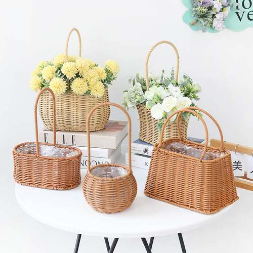 新品 仿藤编手提花篮野餐水果篮花店鲜花篮装饰收纳篮伴手礼礼品