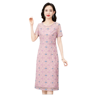 香妮芬高端绣品中年妈妈连衣裙夏装2025新款粉色淑女温柔风漂亮裙