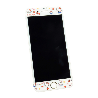 新款凯蒂猫kitty适用苹果6s/7/8卡通钢化玻璃贴膜iPhone7/8plus全屏彩色软边前膜SE1/2/3女款4/5S美乐蒂6plus