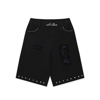 刺绣直筒短裤美式猫抓嘻哈贴布