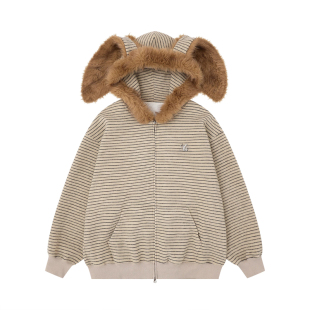 美式冬季羽绒棉服女新款条纹兔耳加绒加厚卫衣女连帽毛领棉袄外套