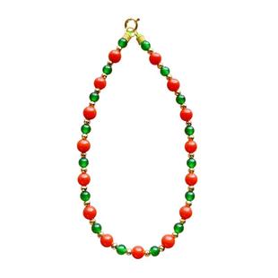 天然辣绿色翡翠满肉柿子南红圆珠18k黄金女款手链串钏新中式文玩