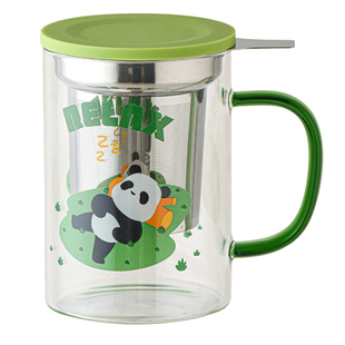 国潮熊猫玻璃茶杯茶水分离泡茶杯过滤耐高温带把硅胶盖高颜值水杯