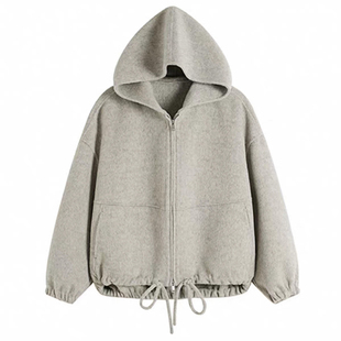 一枝南南同款灰色连帽卫衣女秋冬双面呢羊毛保暖加厚宽松毛呢外套