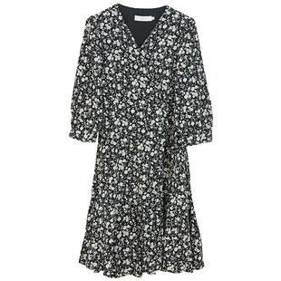 Lavinia 法式v领长袖碎花连衣裙女春季新款气质收腰显瘦裙子