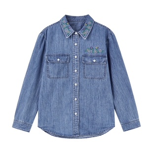 秋水伊人复古百搭绣花牛仔上衣2026年春季新款女休闲正肩H型衬衫