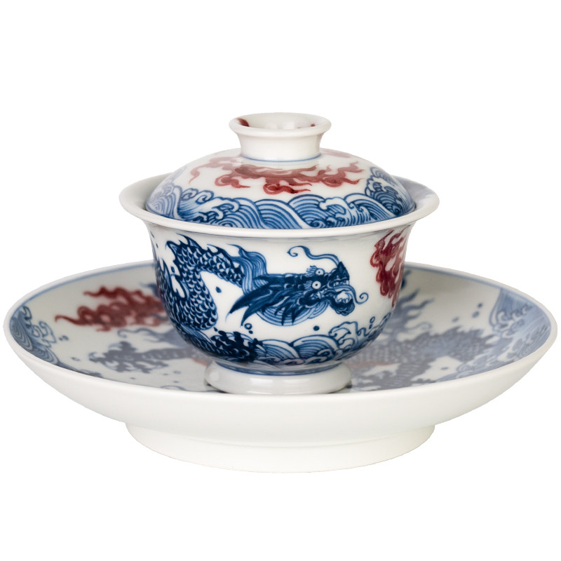 圣山仿明青花釉里红龙纹海水盖碗套组景德镇仿古手工陶瓷茶具盖碗
