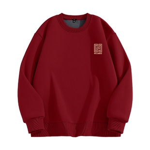 班尼路S&K红色加绒加厚卫衣男冬季圆领奥粒绒马年本命年男款上衣Y