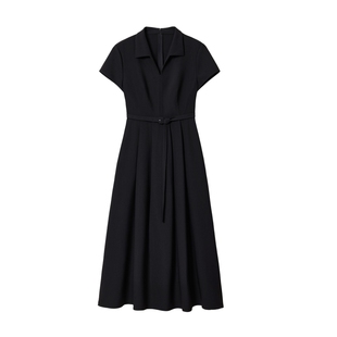 蓝语大码女装黑色V领衬衫连衣裙立体剪裁修身收腰短袖新款小黑裙