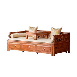 新款小户型古风实木沙发床两用老榆木推拉罗汉床伸缩床榻榫卯雕刻