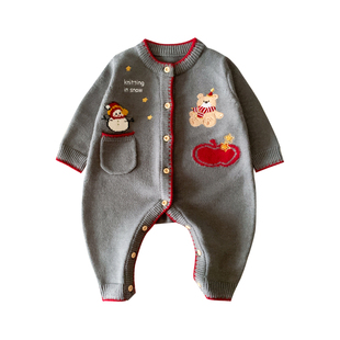 婴儿连体衣冬季加绒毛衣爬爬服小月龄宝宝过年加厚外出服拜年衣服