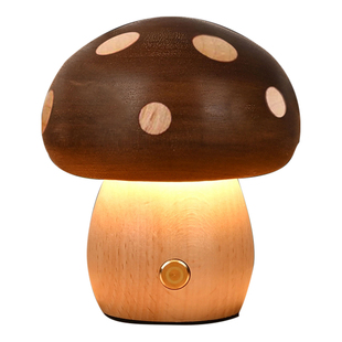 创意ins实木蘑菇小夜灯氛围灯床头灯摆件榉木儿童LED台灯女生礼物