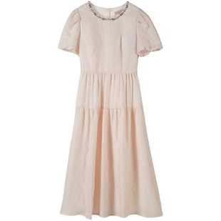 固执夏季新款法式复古圆领泡泡短袖中长款连衣裙80532LQ08174