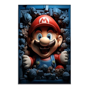 超级玛丽玄关装饰画带灯马里奥儿童房卧室挂画卡通高级感客厅壁画