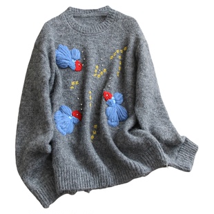 重工金鱼钩花镶钻圆领宽松套头毛衣2025冬季新款长袖女针织衫M943