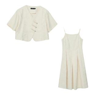 胖mm国风改良版旗袍套装2025夏季大码女装200斤上衣吊带裙两件套