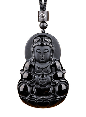 普陀山黑曜石观音吊坠保平安项链