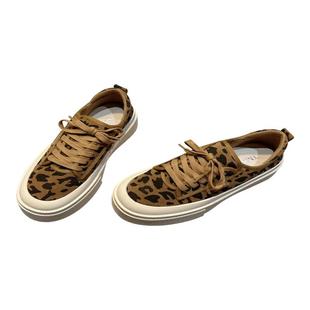 磨砂牛皮厚底豹纹板鞋女2025春季新款真皮休闲鞋系带运动饼干鞋潮