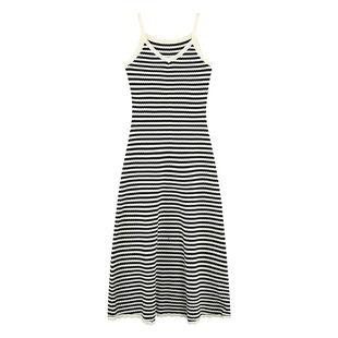 pusumede 条纹v领吊带连衣裙女夏季收腰无袖背心裙休闲针织长裙子